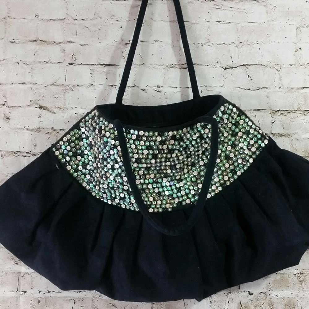 - - vintage silk bag large size Sequin euc 14x24 inch retro shell style